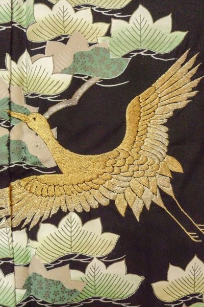 画像7: O0624K 女性用留袖  化繊 黒, 葉 【中古】【USED】【リサイクル】 ★☆☆☆☆【O0624K】 (7)