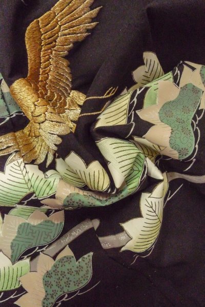 画像16: O0624K 女性用留袖  化繊 黒, 葉 【中古】【USED】【リサイクル】 ★☆☆☆☆【O0624K】 (16)