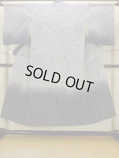 画像1: O0625C 女性用浴衣（日本製）  綿麻 深い藍, チェック柄 【中古】【USED】【リサイクル】 ★★☆☆☆【O0625C】 (1)