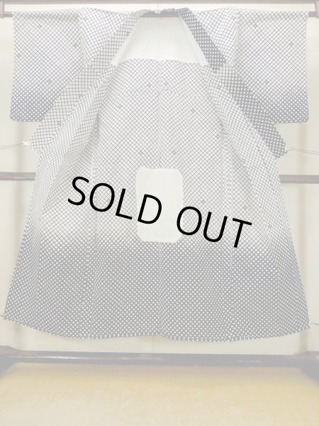 画像2: O0625C 女性用浴衣（日本製）  綿麻 深い藍, チェック柄 【中古】【USED】【リサイクル】 ★★☆☆☆【O0625C】 (2)