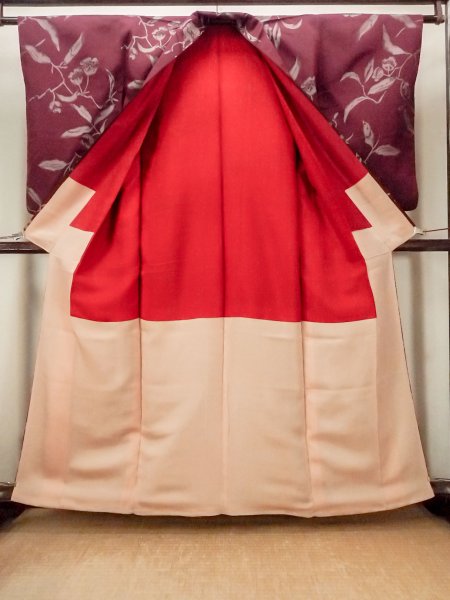 画像2: O0712B 女性用織  シルク（正絹） 深いえんじ, 花 【中古】【USED】【リサイクル】 ★★☆☆☆【O0712B】 (2)