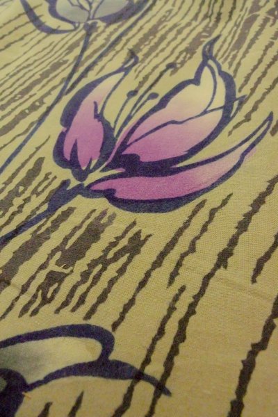 画像10: O0719C 女性用注染浴衣  綿 灰色がかったオリーブ, 花 【中古】【USED】【リサイクル】 ★★★☆☆【O0719C】 (10)