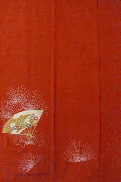 画像5: O0805D 女性用付下げ  シルク（正絹） 深い朱赤, 菊 【中古】【USED】【リサイクル】 ★★★★☆【O0805D】 (5)