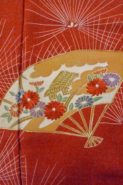 画像6: O0805D 女性用付下げ  シルク（正絹） 深い朱赤, 菊 【中古】【USED】【リサイクル】 ★★★★☆【O0805D】 (6)