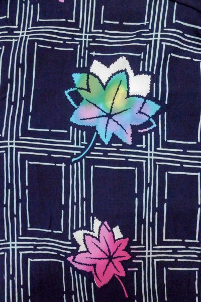 画像3: O0826J 女性用注染浴衣  綿 深い藍, もみじ 【中古】【USED】【リサイクル】 ★★☆☆☆【O0826J】 (3)
