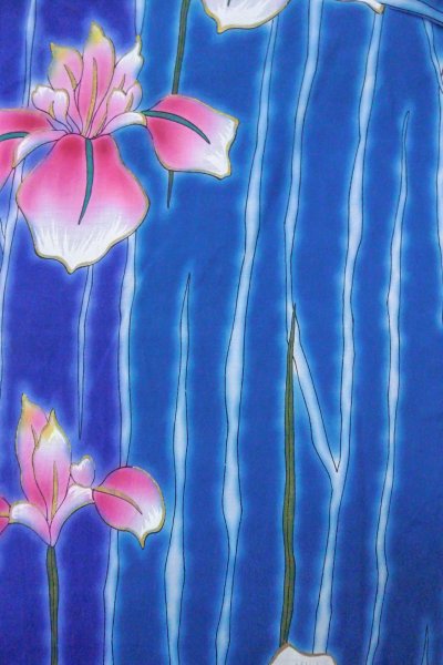 画像3: O0826O 女性用浴衣（海外製）  綿 青, あやめ 【中古】【USED】【リサイクル】 ★★★☆☆【O0826O】 (3)