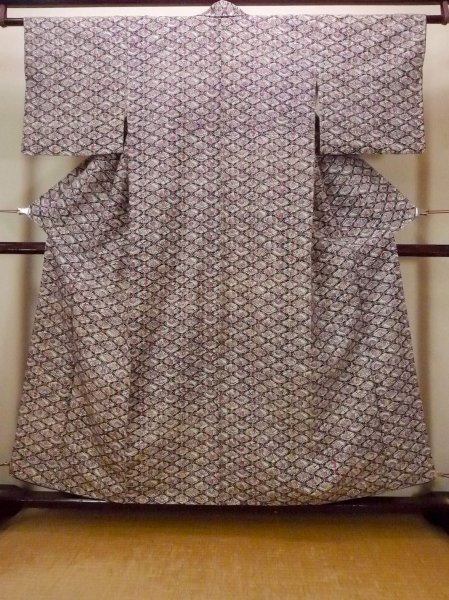 画像1: O0826T 女性用小紋  シルク（正絹） 深いマルチカラー, 花 【中古】【USED】【リサイクル】 ★★☆☆☆【O0826T】 (1)