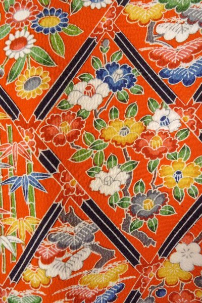 画像7: O0826V 女性用小紋  シルク（正絹） 鮮やか橙色, ぼたん 【中古】【USED】【リサイクル】 ★★★★☆【O0826V】 (7)