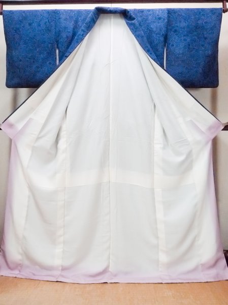 画像2: O0826X 女性用小紋  シルク（正絹） 藍, もみじ 【中古】【USED】【リサイクル】 ★★★☆☆【O0826X】 (2)