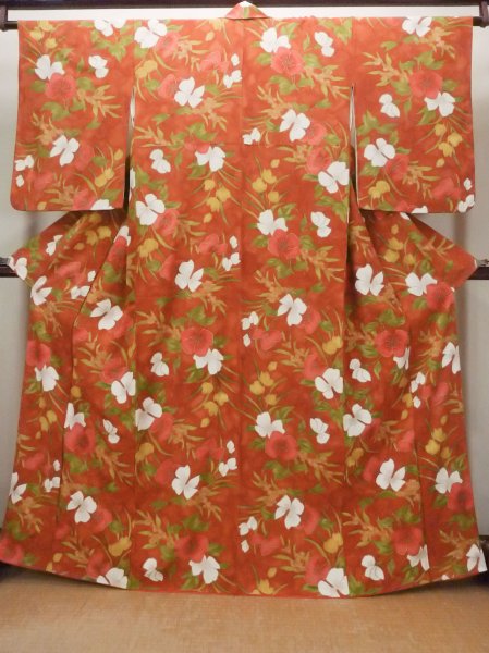 画像1: O0826Y 女性用小紋  シルク（正絹） 茶色, 花 【中古】【USED】【リサイクル】 ★★★☆☆【O0826Y】 (1)