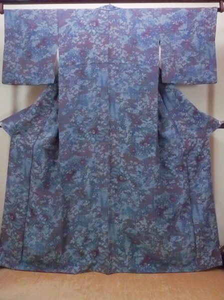 画像1: O0826Z 女性用小紋  シルク（正絹） 灰色がかった紫色, ぼたん 【中古】【USED】【リサイクル】 ★★★★☆【O0826Z】 (1)