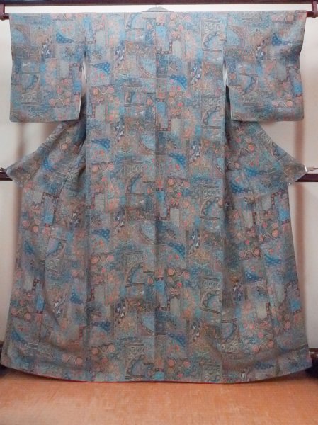 画像1: O0827B 女性用小紋  シルク（正絹） 灰色がかった水色, 唐花 【中古】【USED】【リサイクル】 ★★★★☆【O0827B】 (1)