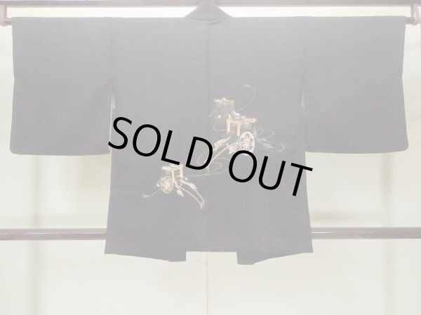 画像2: O0902A 女性用羽織  シルク（正絹） 黒, 御所車 【中古】【USED】【リサイクル】 ★★★☆☆【O0902A】 (2)