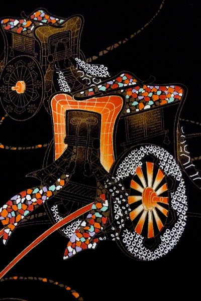 画像4: O0902A 女性用羽織  シルク（正絹） 黒, 御所車 【中古】【USED】【リサイクル】 ★★★☆☆【O0902A】 (4)