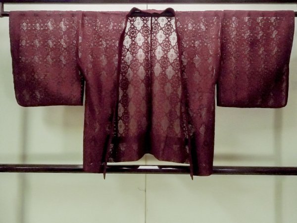 画像1: O0909L 女性用羽織  化繊 深い赤色, 花 【中古】【USED】【リサイクル】 ★★★☆☆【O0909L】 (1)