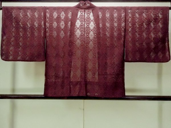 画像2: O0909L 女性用羽織  化繊 深い赤色, 花 【中古】【USED】【リサイクル】 ★★★☆☆【O0909L】 (2)