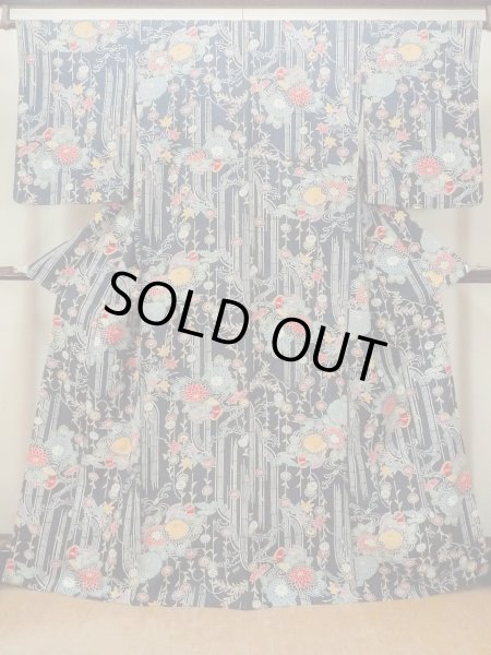 画像1: O1002C 女性用 単衣   シルク（正絹） 藍,  菊 【中古】【USED】【リサイクル】 ★★★☆☆【O1002C】 (1)