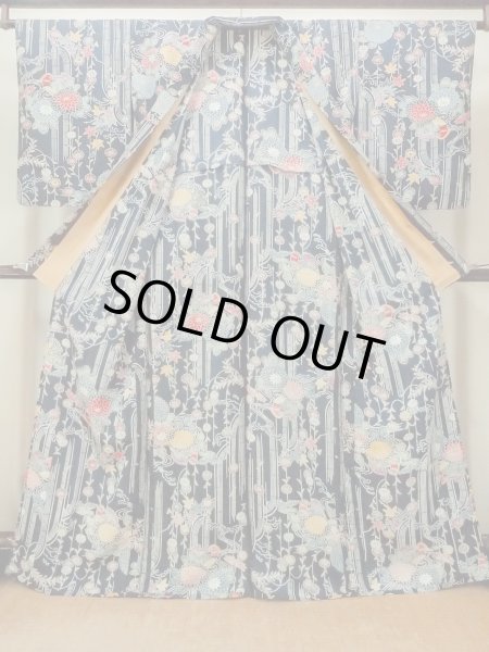 画像2: O1002C 女性用 単衣   シルク（正絹） 藍,  菊 【中古】【USED】【リサイクル】 ★★★☆☆【O1002C】 (2)