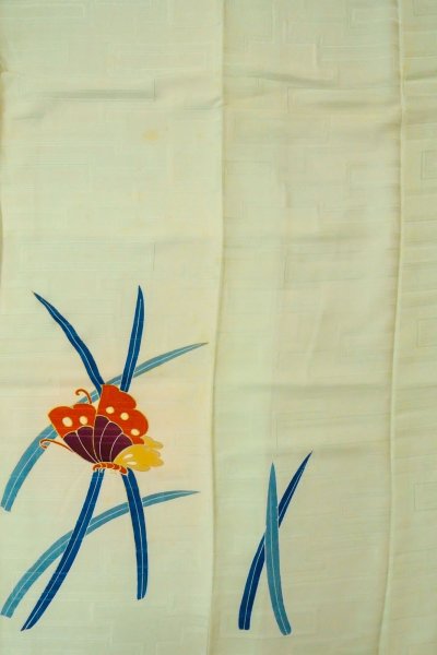 画像5: O1002Y 女性用 訪問着   シルク（正絹） 淡い薄い青緑色,  蝶々 【中古】【USED】【リサイクル】 ★★☆☆☆【O1002Y】 (5)