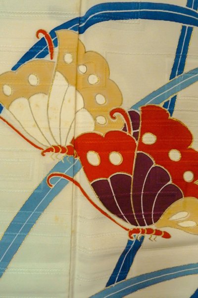 画像7: O1002Y 女性用 訪問着   シルク（正絹） 淡い薄い青緑色,  蝶々 【中古】【USED】【リサイクル】 ★★☆☆☆【O1002Y】 (7)