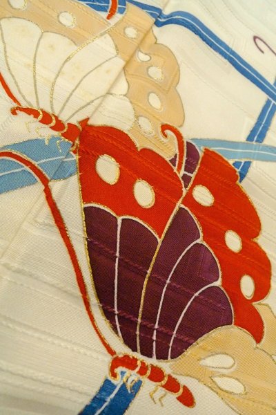 画像10: O1002Y 女性用 訪問着   シルク（正絹） 淡い薄い青緑色,  蝶々 【中古】【USED】【リサイクル】 ★★☆☆☆【O1002Y】 (10)