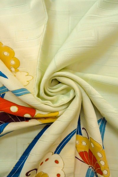 画像14: O1002Y 女性用 訪問着   シルク（正絹） 淡い薄い青緑色,  蝶々 【中古】【USED】【リサイクル】 ★★☆☆☆【O1002Y】 (14)