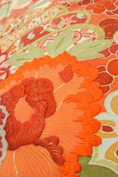 画像22: O1105A 女性用 振袖   シルク（正絹） 薄い桃色,  ぼたん 【中古】【USED】【リサイクル】 ★★☆☆☆【O1105A】 (22)