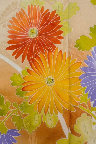 画像11: O1105B 女性用 振袖   シルク（正絹） 淡い橙色,  ぼたん 【中古】【USED】【リサイクル】 ★★☆☆☆【O1105B】 (11)