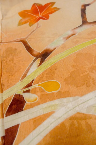 画像22: O1105B 女性用 振袖   シルク（正絹） 淡い橙色,  ぼたん 【中古】【USED】【リサイクル】 ★★☆☆☆【O1105B】 (22)