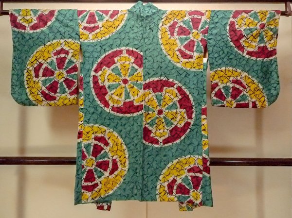 画像2: O1205C 女性用 羽織   シルク（正絹） 鮮やか青緑色,  車輪 【中古】【USED】【リサイクル】 ★☆☆☆☆【O1205C】 (2)