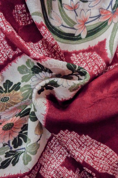 画像12: O1205F 女性用 羽織   シルク（正絹） 赤色,  ぼたん 【中古】【USED】【リサイクル】 ★★☆☆☆【O1205F】 (12)