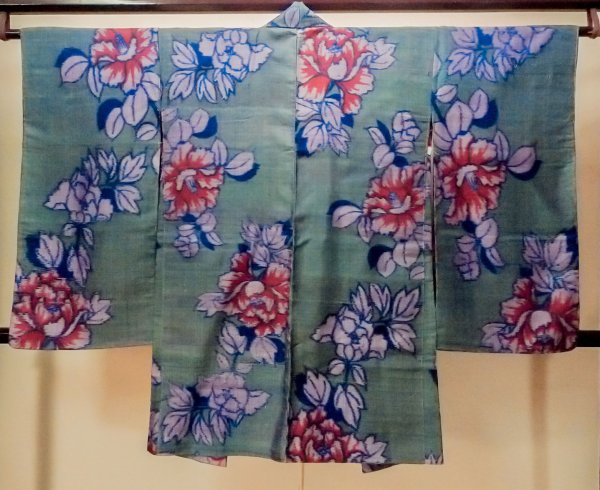 画像2: O1205H 女性用 羽織   シルク（正絹） 深い青緑色,  ぼたん 【中古】【USED】【リサイクル】 ★★★★☆【O1205H】 (2)