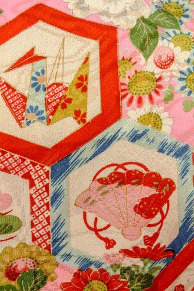 画像7: O1225B 女性用 女の子用着物   シルク（正絹） 光沢のある桃色,  ぼたん 【中古】【USED】【リサイクル】 ★★☆☆☆【O1225B】 (7)