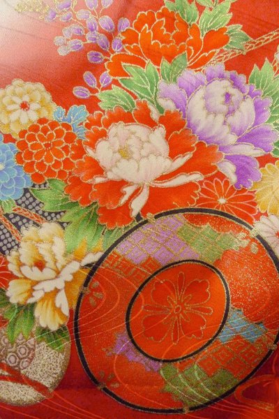 画像7: O1225L 女性用 女の子用着物   シルク（正絹） 光沢のある赤色,  ぼたん 【中古】【USED】【リサイクル】 ★★★☆☆【O1225L】 (7)