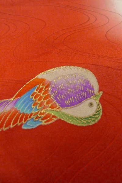 画像10: O1225L 女性用 女の子用着物   シルク（正絹） 光沢のある赤色,  ぼたん 【中古】【USED】【リサイクル】 ★★★☆☆【O1225L】 (10)