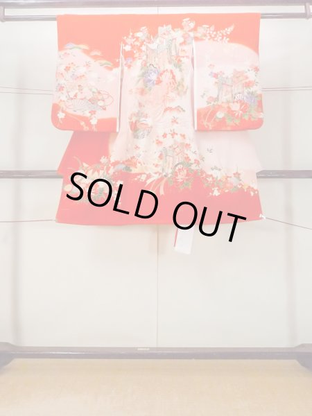 画像1: O1225N 女性用 女の子用着物   化繊 鮮やか赤色,  桜 【中古】【USED】【リサイクル】 ★★★☆☆【O1225N】 (1)