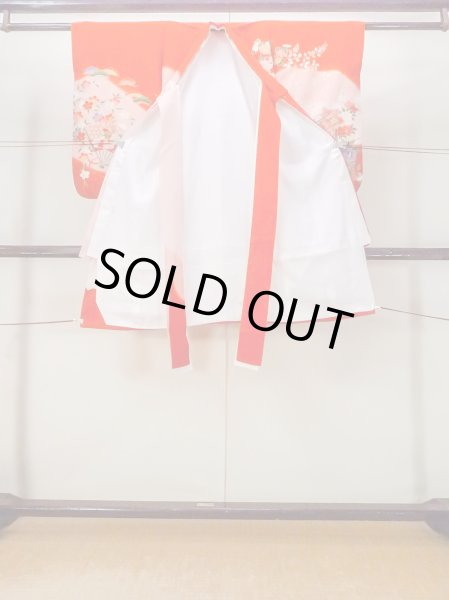 画像2: O1225N 女性用 女の子用着物   化繊 鮮やか赤色,  桜 【中古】【USED】【リサイクル】 ★★★☆☆【O1225N】 (2)