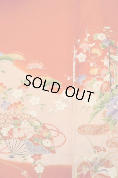 画像3: O1225N 女性用 女の子用着物   化繊 鮮やか赤色,  桜 【中古】【USED】【リサイクル】 ★★★☆☆【O1225N】 (3)