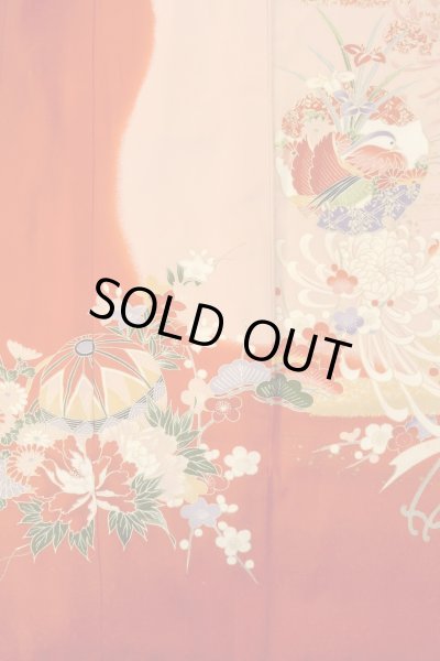 画像5: O1225N 女性用 女の子用着物   化繊 鮮やか赤色,  桜 【中古】【USED】【リサイクル】 ★★★☆☆【O1225N】 (5)