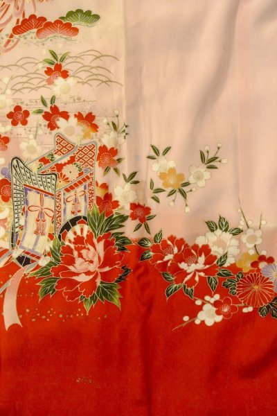 画像6: O1225N 女性用 女の子用着物   化繊 鮮やか赤色,  桜 【中古】【USED】【リサイクル】 ★★★☆☆【O1225N】 (6)