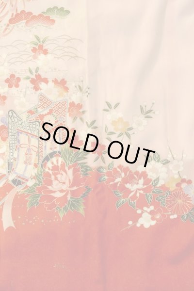 画像6: O1225N 女性用 女の子用着物   化繊 鮮やか赤色,  桜 【中古】【USED】【リサイクル】 ★★★☆☆【O1225N】 (6)