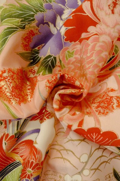 画像12: O1225N 女性用 女の子用着物   化繊 鮮やか赤色,  桜 【中古】【USED】【リサイクル】 ★★★☆☆【O1225N】 (12)