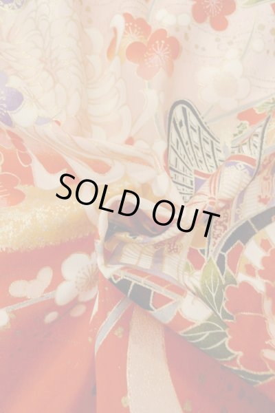 画像13: O1225N 女性用 女の子用着物   化繊 鮮やか赤色,  桜 【中古】【USED】【リサイクル】 ★★★☆☆【O1225N】 (13)