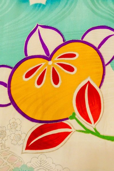 画像6: O1225U 女性用 女の子用着物   シルク（正絹） オフ　ホワイト,  桜 【中古】【USED】【リサイクル】 ★★☆☆☆【O1225U】 (6)