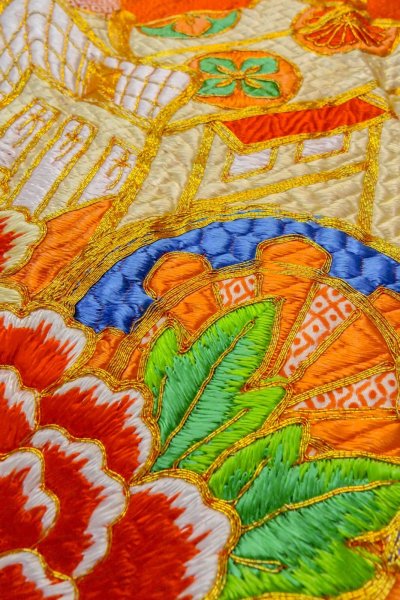 画像9: O1225W 女性用 女の子用着物   シルク（正絹） 朱赤,  ぼたん 【中古】【USED】【リサイクル】 ★★★☆☆【O1225W】 (9)