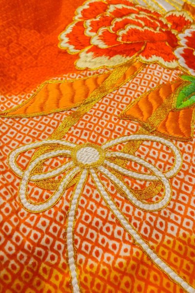 画像10: O1225W 女性用 女の子用着物   シルク（正絹） 朱赤,  ぼたん 【中古】【USED】【リサイクル】 ★★★☆☆【O1225W】 (10)