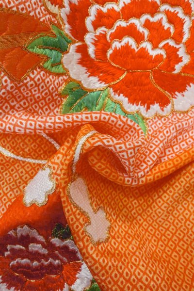 画像12: O1225W 女性用 女の子用着物   シルク（正絹） 朱赤,  ぼたん 【中古】【USED】【リサイクル】 ★★★☆☆【O1225W】 (12)