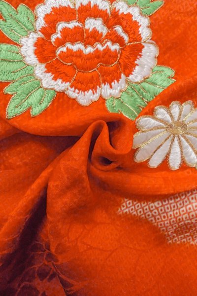 画像13: O1225W 女性用 女の子用着物   シルク（正絹） 朱赤,  ぼたん 【中古】【USED】【リサイクル】 ★★★☆☆【O1225W】 (13)