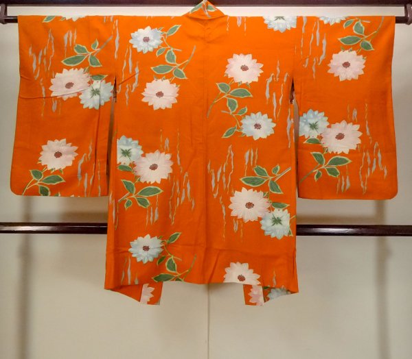 画像2: P0120I 女性用 羽織   シルク（正絹） 鮮やか橙色,  花 【中古】【USED】【リサイクル】 ★★★☆☆【P0120I】 (2)