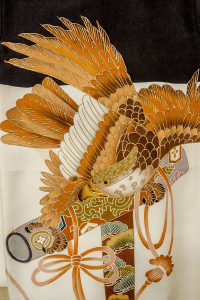 画像5: P0123A 男性用 男の子用着物   シルク（正絹） 黒,  松/松葉 【中古】【USED】【リサイクル】 ★★★☆☆【P0123A】 (5)